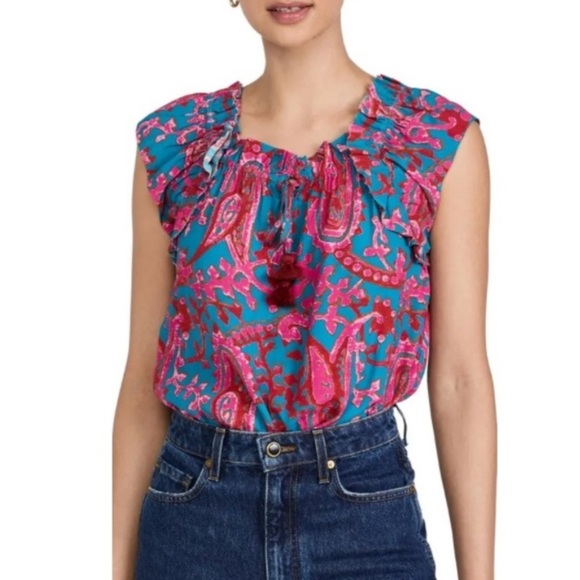 Figue Gianna Top Size Small Blue Paisley Floral Blouse Summer Spring Vacation